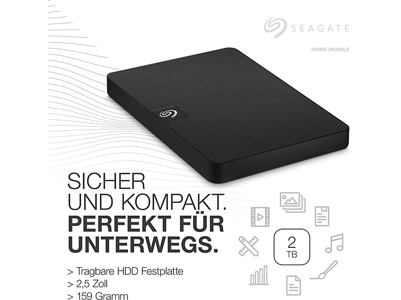 SEAGATE Expansion portable Festplatte, 2 TB HDD, 2,5 Zoll, extern, Schwarz (10)