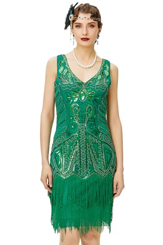 BABEYOND Damen Kleid voller Pailletten 20er Stil Runder Ausschnitt Inspiriert von Great Gatsby Kostüm Kleid (L (Fits 76-86 cm Waist & 94-104 cm Hips), Grün)