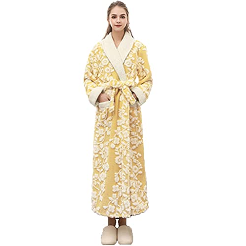 GHYUB Bademantel Damen Sauna，Baumwoll-Flanell-Nachthemd Damen，Doppellagiges Bedrucktes Paar-Nachthemd, Verlängerter Dicker Flanell-Bademantel (Color : Woman Yellow, Size : M)