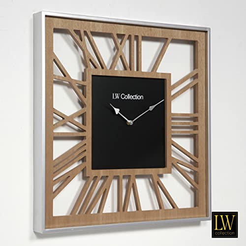 LW Collection Wanduhr XL Zayden holz 80cm - Wanduhr Römische Ziffern - Industrielle Wanduhr Große Wanduhr - Nicht tickend - geräuschlos – batteriebetrieben - industrial design