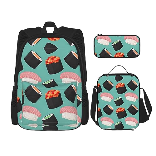 WURTON Sushi Food Pattern1 Print Lunchbox Federmäppchen Rucksack Set 3 Stück Verstellbare Träger Langlebig Leicht, Schwarz, One Size