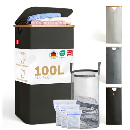 Blumtal® Wäschekorb 1 Fach 100L - waschbarer und hygienischer Wäschesammler schmal mit Wäschenetz - Wäschekorb mit Deckel & Bambusrand - schmaler Wäschekorb - Laundry Basket - Wäschekorb schwarz