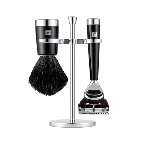 ZWILLING Rasier-Set, 3-teiliges Set mit Rasierer, Rasierpinsel und Halterung passend für Gilette Fusion Klingen, Geschenkset, Schwarz