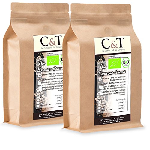 C&T Bio Espresso Crema | Cafe 2 x 1000 g ganze Bohnen Gastro-Sparpack im Kraftpapierbeutel Kaffee für Siebträger, Vollautomaten, Espressokocher