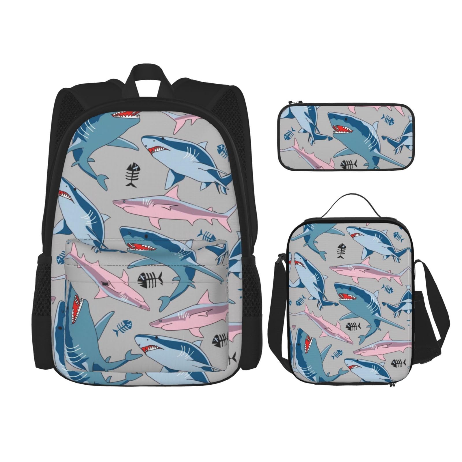 WURTON 3-in-1 Büchertaschen-Set mit Cartoon-Fisch-Druck, verstellbarer Schulter-Rucksack, Lunch-Tasche, Federmäppchen, Beutel, Box, Schwarz, Einheitsgröße