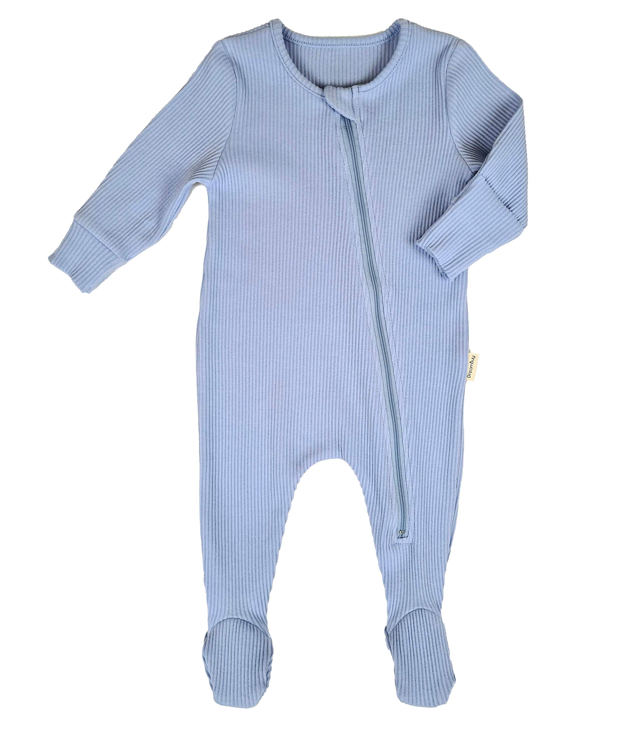 DreamBuy 0-3Y Reißverschluss Schlafanzug Gerippte Weiche Baumwolle Baby Jungen Mädchen Strampler Unisex Bodysuit Pyjama Kinder Onesie Fußlos Fuß Allergikerfreundlich (12-18 Monate, Puderblau)