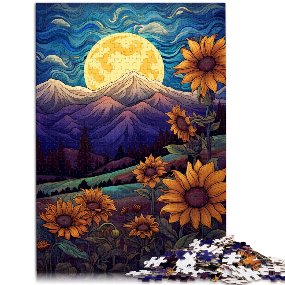 Puzzle-Spiele Sonnenblumen zwischen Bergen und Mond Puzzle 1000 Teile für Erwachsene Holzpuzzle Familienaktivität Puzzle 1000 Teile (50x75cm)