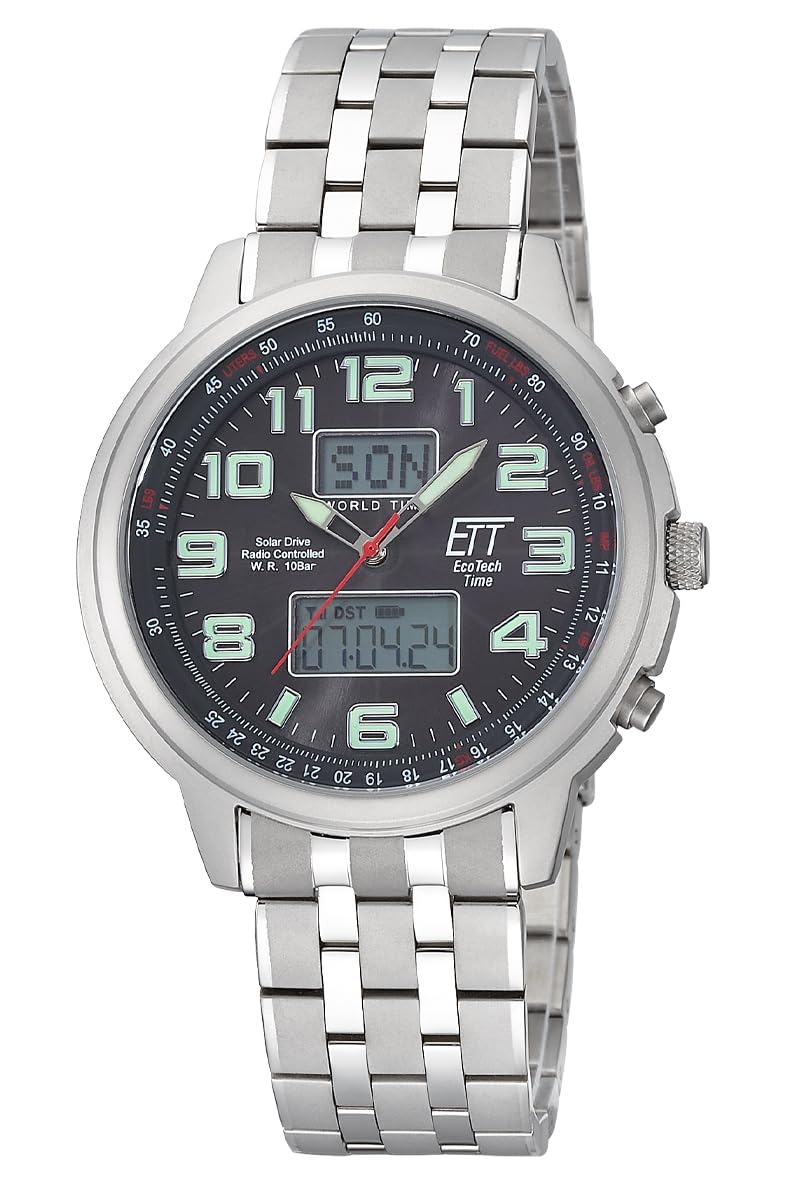 ETT Eco Tech Time Funk Solar Weltzeit Herren Uhr Chronograph mit Edelstahl massiv Armband EGS-11302-22M