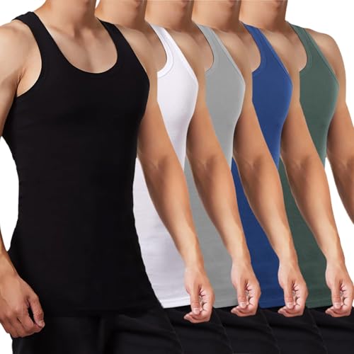 FALARY Unterhemd Herren Tank Top 5er Pack gekämmte Feinripp Baumwolle, Schwarz Weiß Grau Marine + Olive, 4XL