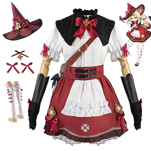 RUIZE Genshin Impact Klee Cosplay-Kostüm mit Hut, Genshin Spielfiguren-Kostüm, komplettes Set mit Hut/Kopfschmuck/Rucksack, für Damen und Mädchen, Halloween, Rot, Größe L