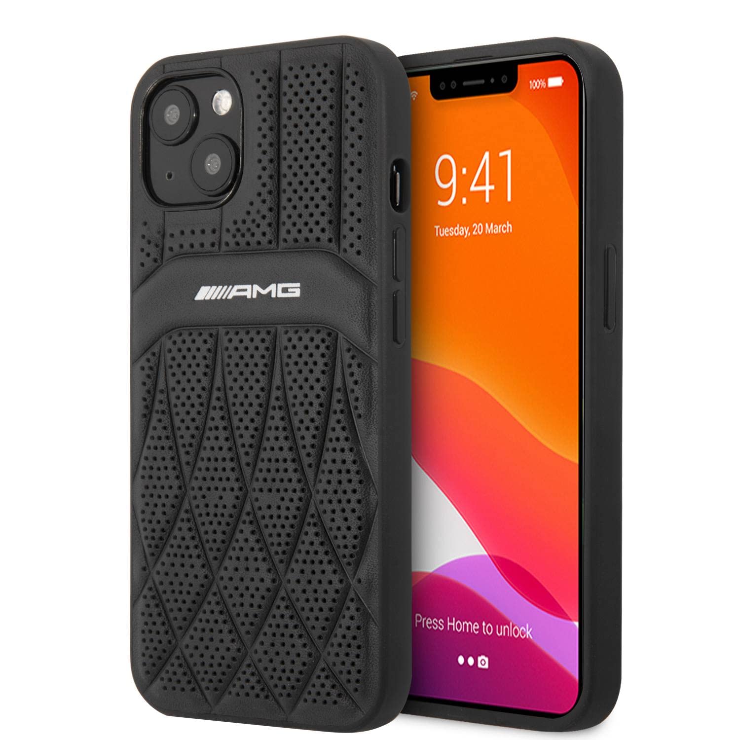 CG MOBILE AMG Echt Leder Hülle Kompatibel mit iPhone 13 mit perforiertem schwarzem Leder, geschwungene Linien, Hot Stamped mit Logo, offiziell lizenziert (Schwarz) (6,1 Zoll)