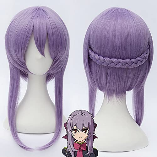 Seraph des Endes Hiiragi Shinoa Perücken Helllila Hitzebeständiges Kunsthaar Perucas Cosplay Perücke + Perückenkappe + Schleife Haarnadel