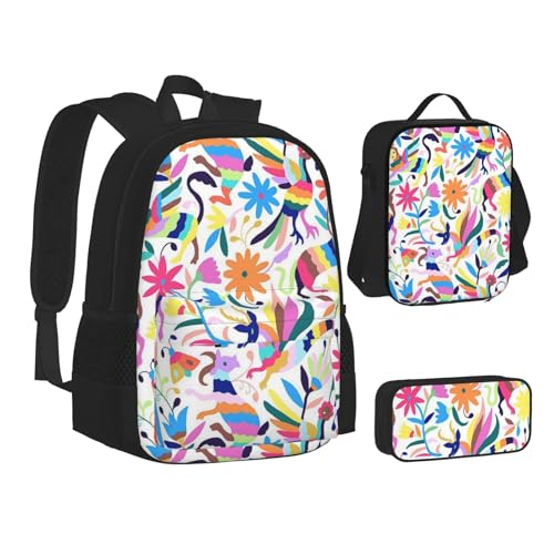 WURTON Büchertasche mit mexikanischem Otomi-Tierdruck, Lunch-Tasche, Federmäppchen, 3-in-1, Schulrucksack-Set, Kinderrucksack