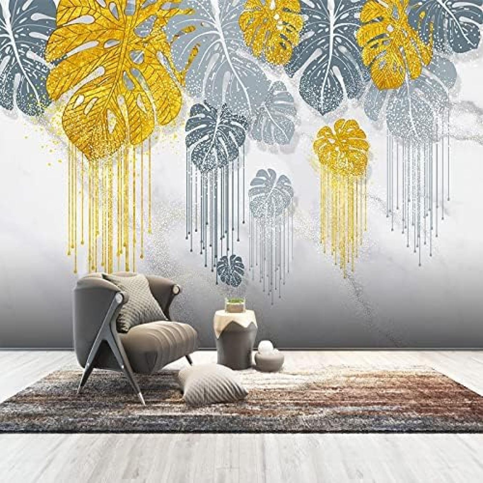 XLMING Stylish Light Luxus Handgemalte Botanical Leaves 3D Tapete Wohnzimmer Sofa Schlafzimmer Esszimmer Home Dekoration Wand-300cm×210cm