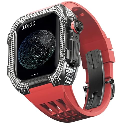 TONECY Uhren-Modifikationsset für Apple Watch 6 5 4 SE 44 mm Titangehäuse + Viton-Armband, Luxus-Gehäuse und Armband-Modifikationsset (Farbe: Rot 3, Größe: 44 mm)