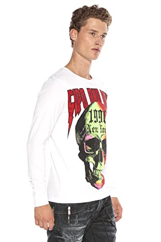 Cipo & Baxx Herren Longsleeve Langarmshirt Sweater Totenkopf Print Sweatshirt Weiß S