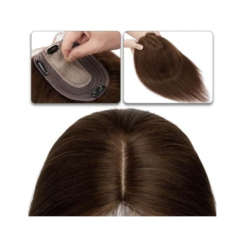 Haartopper für Frauen Haaraufsätze for Frauen, 15,2–45,7 cm, Mittelteil, Echthaaraufsatz, Haarteil, 10 x 12 cm, Seidenbasis mit 4 Clips, glatter Haaraufsatz for dünner werdendes Haar, Haarausfall Haar