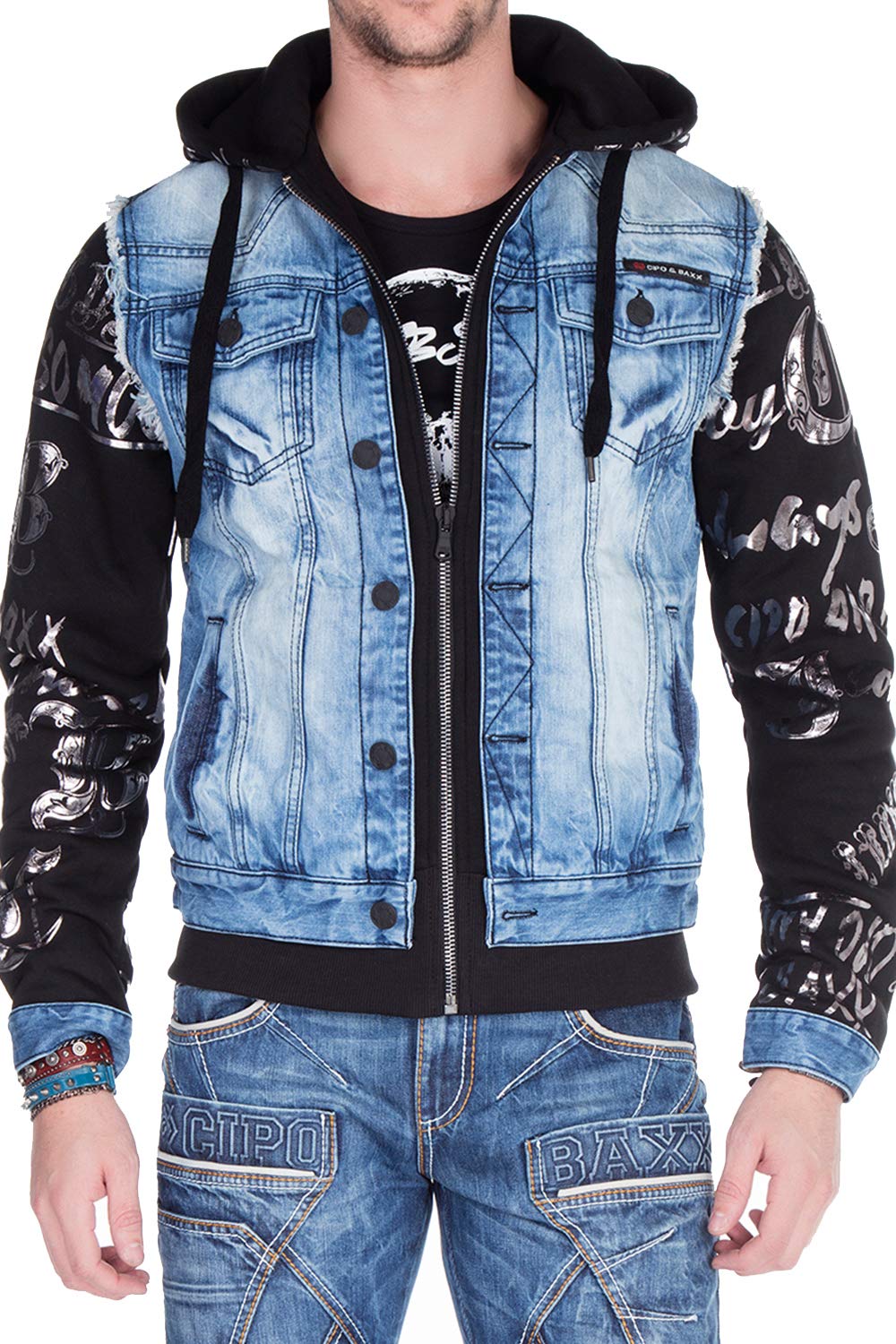 Cipo & Baxx Herren Jeansjacke Sweatjacke Übergangsjacke Premium Denim Jacke Sweatjacke mit Kapuze Blau Gr.M