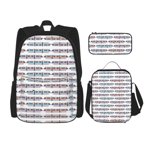 WURTON Monorail Train Print Rucksack Mädchen Jungen Schultaschen Teenager Lunchbox und Federmäppchen 3 in 1 Büchertaschen Set