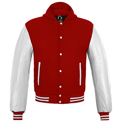 Herren Varsity Jacke Echtes Leder Ärmel und Wollmischung Letterman Jungen College Varsity Jacken XS-5XL, Rot (Kapuze), XL