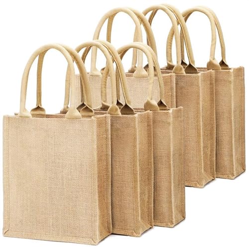 Crepundia Jute Beutel mit Kordelzug, Jute-Taschen-Packung mit 6, gesäumter Sackleinen-Tragetaschen mit Griffen für Brautjungfer Hochzeits-Geschenktüte, wiederverwendbar und schwer