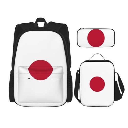 WURTON 3-in-1-Set mit japanischer Flagge, lässig, verstellbar, Schulter-Rucksack, Lunch-Tasche, Federmäppchen, Beutel, Schwarz, Einheitsgröße