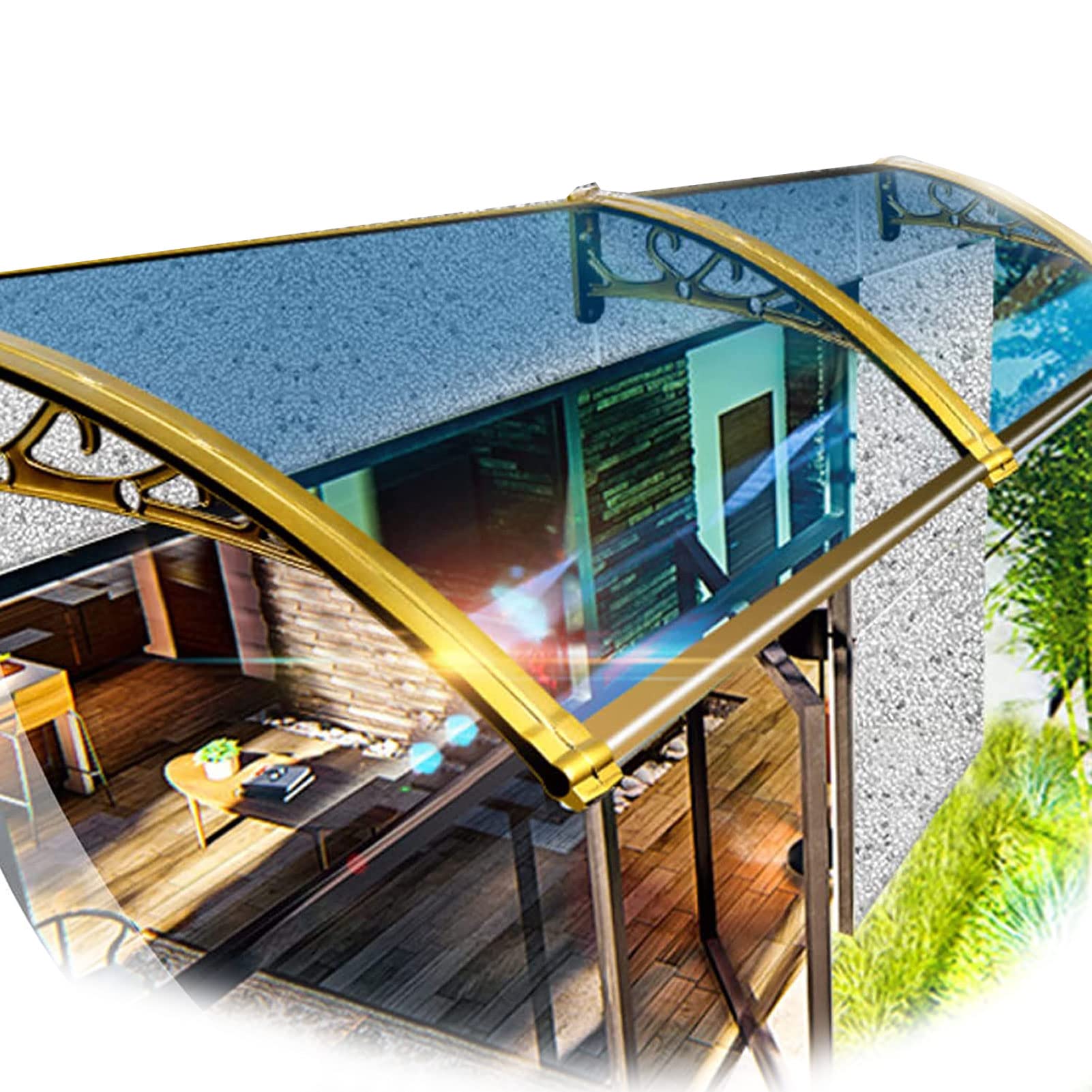 Markisenüberdachung für Terrassentüren und -Fenster, Polycarbonat-Abdeckung, Sonnenschutz, UV-Schutz, mit champagnerfarbener Halterung aus Aluminiumlegierung, Fenster, große Spülbeckentür-Üb