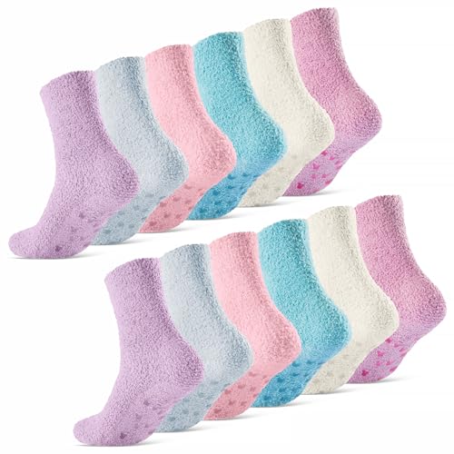 6 | 12 Paar Damen Kuschelsocken mit ABS Anti Rutsch Sohle Pastellfarben 37417 (35-42 12 Paar)