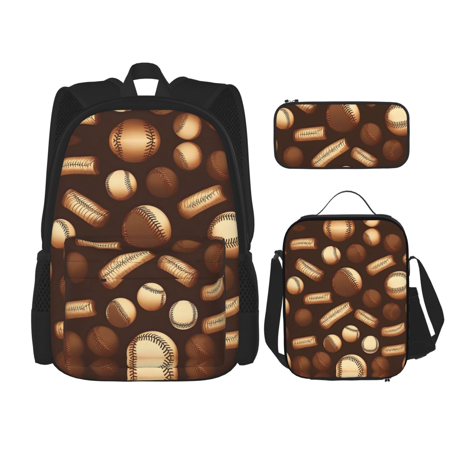 WURTON Retro-Baseball-Lunchbox, Federmäppchen, Rucksack-Set, 3-teilig, verstellbare Riemen, langlebig, leicht, Schwarz, One Size