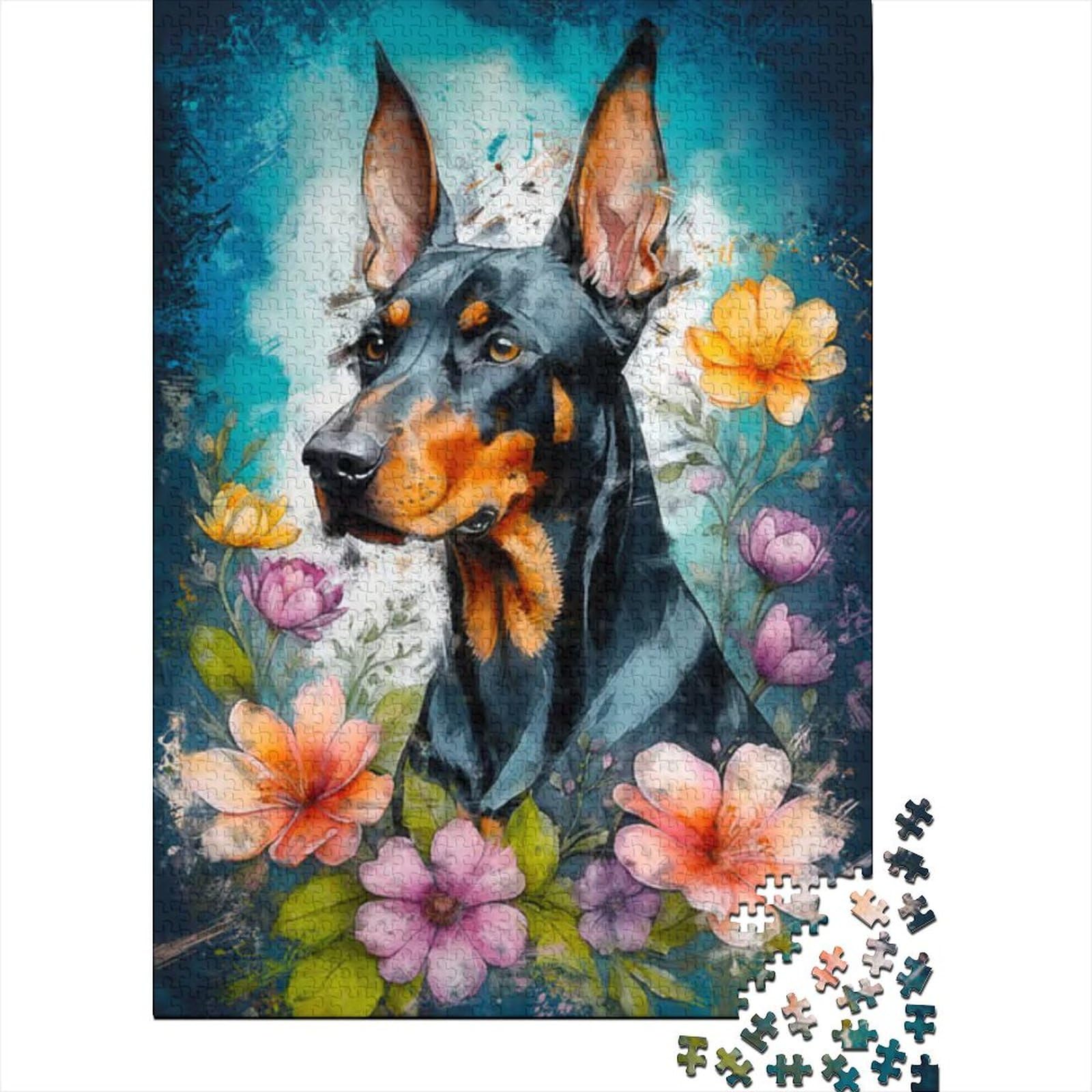 Kunstpuzzle für Erwachsene, 500 Teile, Dobermann in voller Blüte, lustige Puzzles für Erwachsene, 500 Teile, großes Holzpuzzle für Erwachsene (Größe 20,47 x 14,96 Zoll)