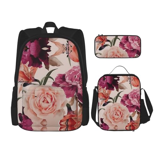 WURTON Rucksack-Set, Motiv: rosa Rose, Blumendruck, verstellbare Schultergurte, Lunch-Tasche, Federmäppchen, Kombinationstaschen-Set