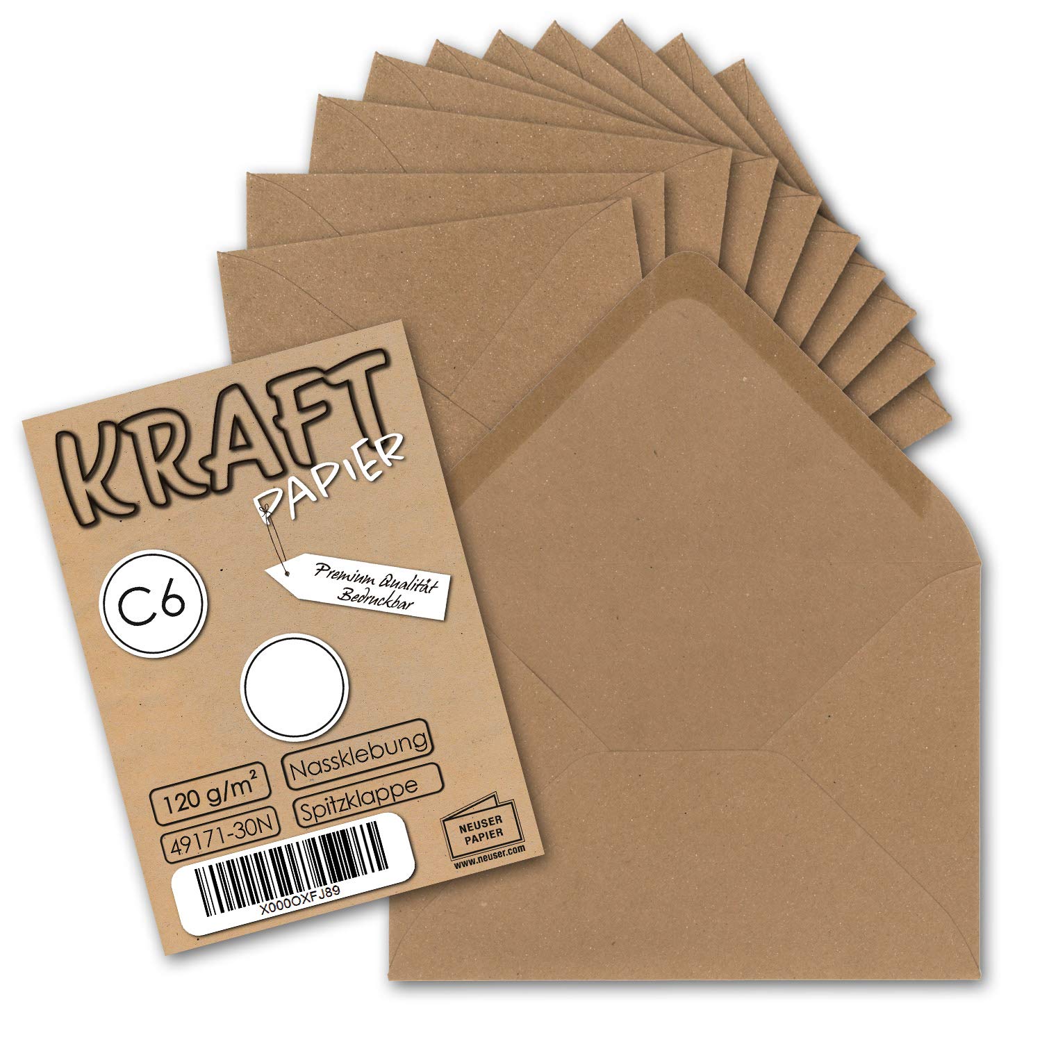 1000x Kraftpapier Umschläge DIN C6 Braun - 11,4 x 16,2 cm ohne Fenster - Vintage Briefumschläge mit Nassklebung Spitzklappe - NEUSER PAPIER