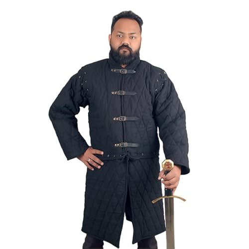 THE MEDIEVALS Dicke gepolsterte volle Ärmel Gambeson Mantel Aketon Jacke Rüstung, Baumwollgewebe, Schwarz, 3XL