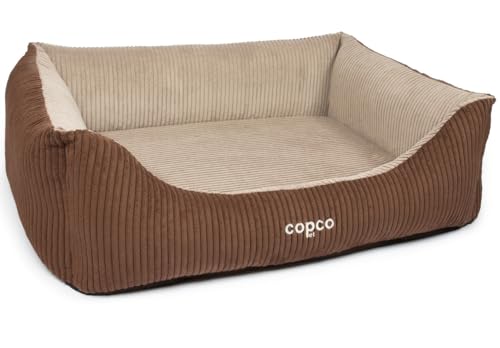 CopcoPet – Orthopädisches Hundebett Kyra in Cord Stoff L/XL 100x80cm Braun/Beige – Hundekissen Viskose mit abnehmbarem & waschbarem Bezug – Hundekorb mit erhöhten Rändern & Rutschfester Unterseite