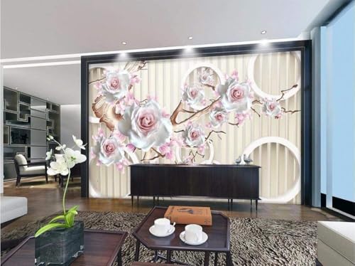 Weiße Rosen Weiß Geometrisch Rund 3D Tapete Poster Restaurant Schlafzimmer Wohnzimmer Sofa TV Dekorative Wand-250cm×170cm