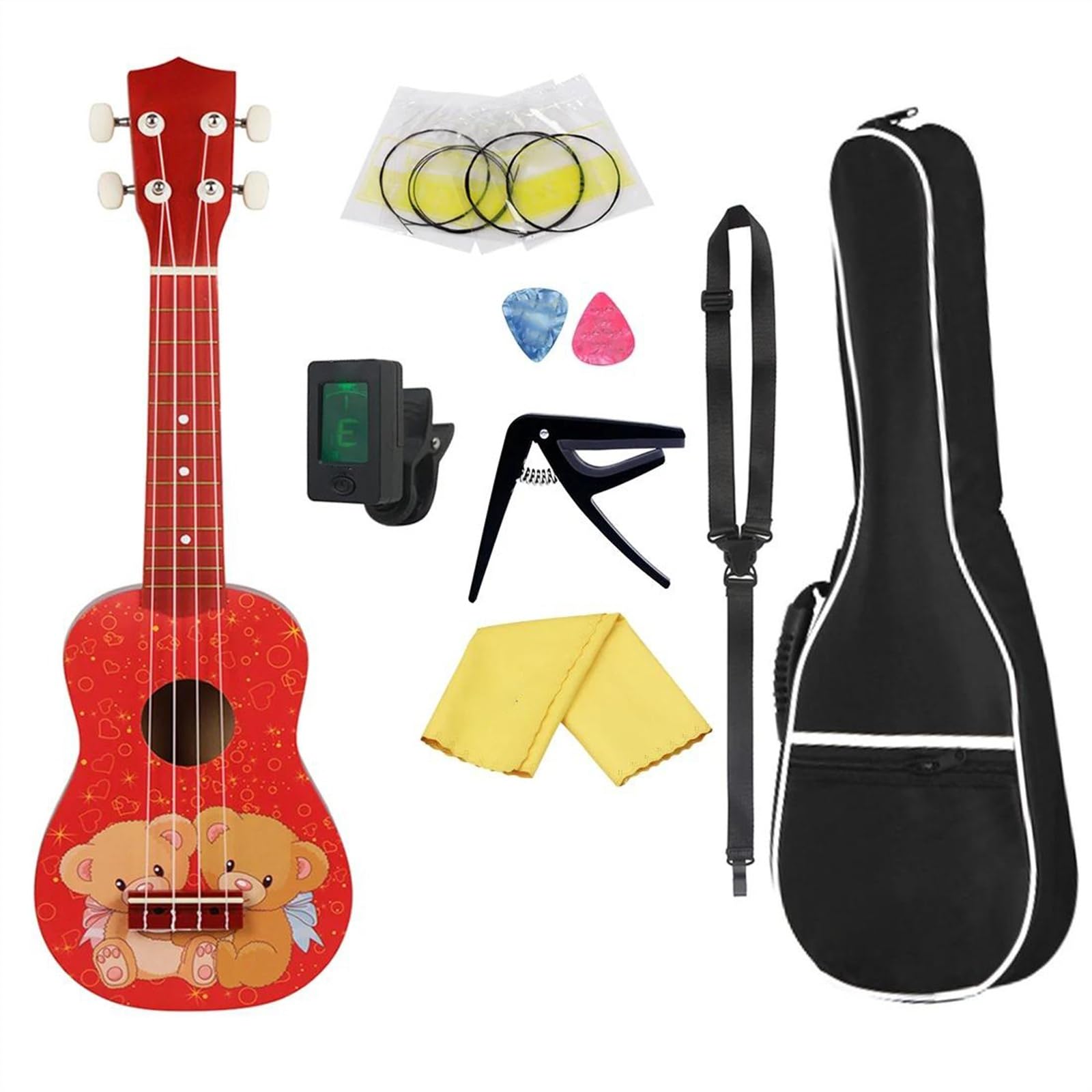 21-Zoll-Ukulele-Gitarre, 4 Saiten, Massivholz-Ukulele Mit Stimmgurt, Kapodaster-Gitarrenzubehör Ukulele Einsteiger Kit