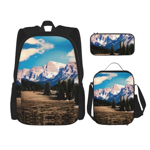 WURTON Rocky Mountains Print Travel Lunch Box Pencil Case Backpack Set 3 Pieces Adjustable Straps Lightweight, Schwarz, Einheitsgröße