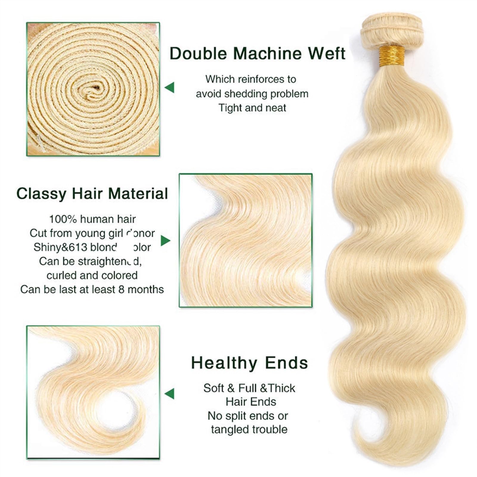 Human Hair Bundles Blonde Echthaar-Bündel, brasilianische Honigblond-Bündel, 25,4–76,2 cm, gewellte Bundles, Remy-Haarverlängerungen (# 613) human hair weave (Size : 12inch 1pc)