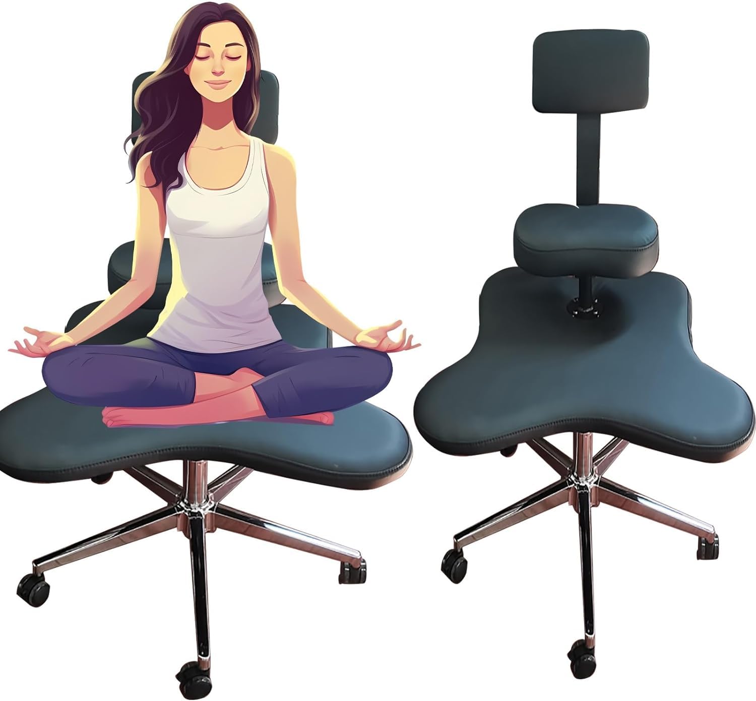 Ergonomischer Bürostuhl mit gekreuzten Beinen und Rollen, Verstellbarer Meditationshocker ohne Armlehnen, Schreibtischsitz für Erwachsene zum Sitzen mit gekreuzten Beinen, Schwarz