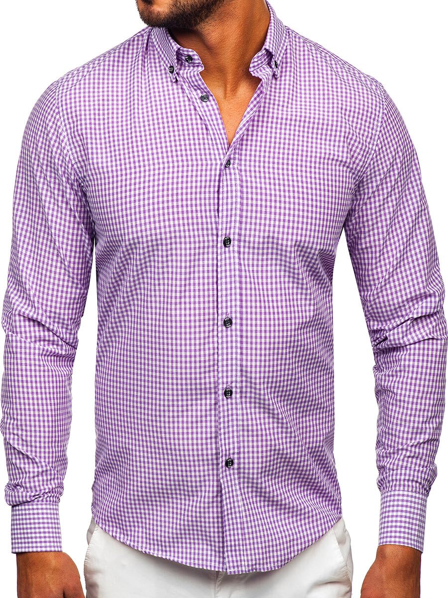 BOLF Herren Hemd Langarm Freizeithemd Langarmhemd Elegant Business Party Bügelleicht Farbwahl Classic Basic Slim Fit Casual Style 22745 Violett L [2B2]