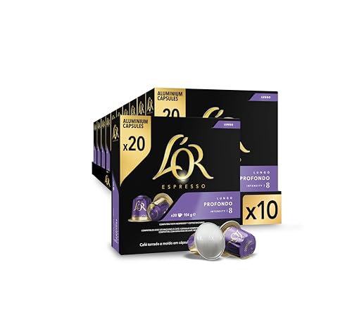 L'OR Espresso Koffiecups Lungo Profondo (200 Lungo Koffie Capsules, Geschikt voor Nespresso* Koffiemachines, Intensiteit 08/12, 100% Arabica Koffie, UTZ Gecertificeerd), 10 x 20 Cups