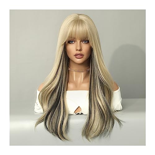 Perücken für Frauen Lange lockige synthetische Perücken, blond mit schwarzem Naturhaar, Mittelteil, for Frauen, Verwendung for Cosplay, Alltag, Lolita, hitzebeständig für die Tägliche Party Cosplay Tr