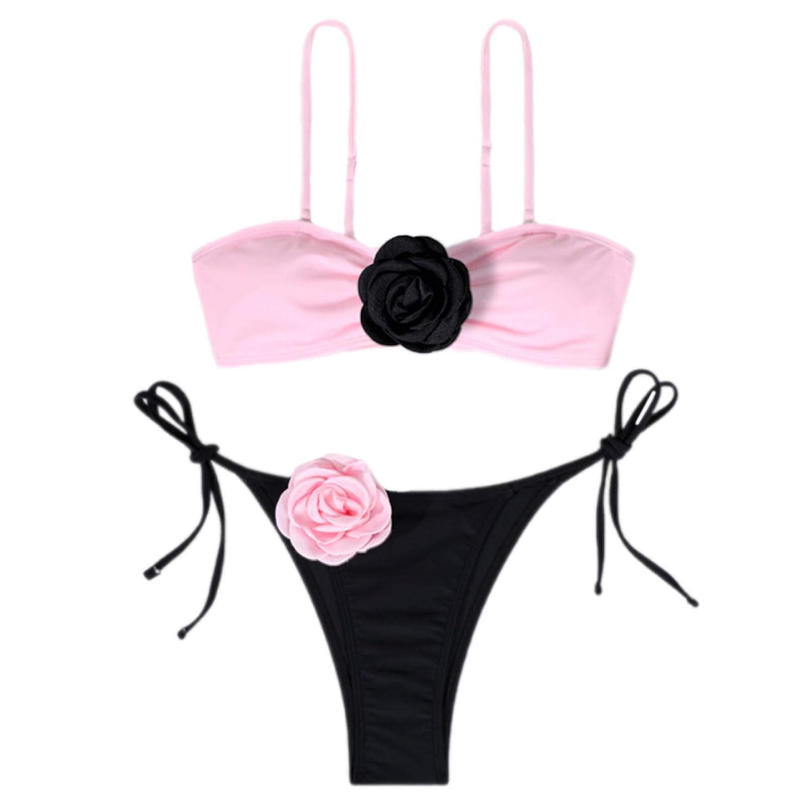 JUNNASALIKER Zweiteiliges Damen-Badeanzug-Set, 3D-Blumendekoration, Bandeau-Badeanzug mit verstellbarem Schulterriemen