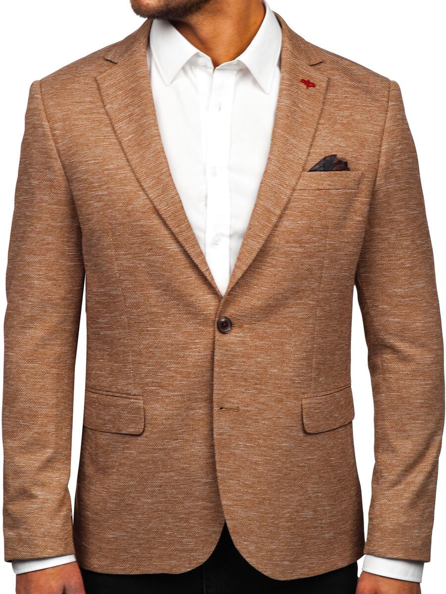 BOLF Herren Blazer Sakko Suitjacke Anzugjacke für Männer Business Reverskragen Knöpfe Anzug Freizeit Sportlich Modern Hochzeit Elegant Party Slim Fit 09 Camel XL [1A1]