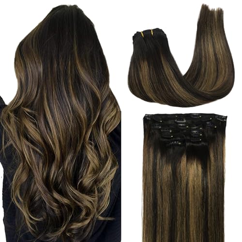 GOO GOO Clip in Echthaar Extensions, 45cm 18 Zoll 120g 7 Stück Balayage Naturschwarz Gemischt Kastanienbraun Clip in Extensions Echthaar Haarverlängerung Extensions Echthaar