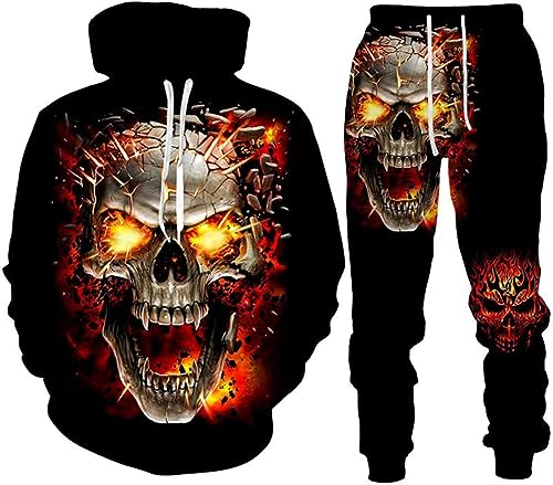 PALANK Gothic Herren Trainingsanzug 3D Print Halloween Hoodies Hosen Sets Sportswear Pullover Sweatshirts (T1,2XL)