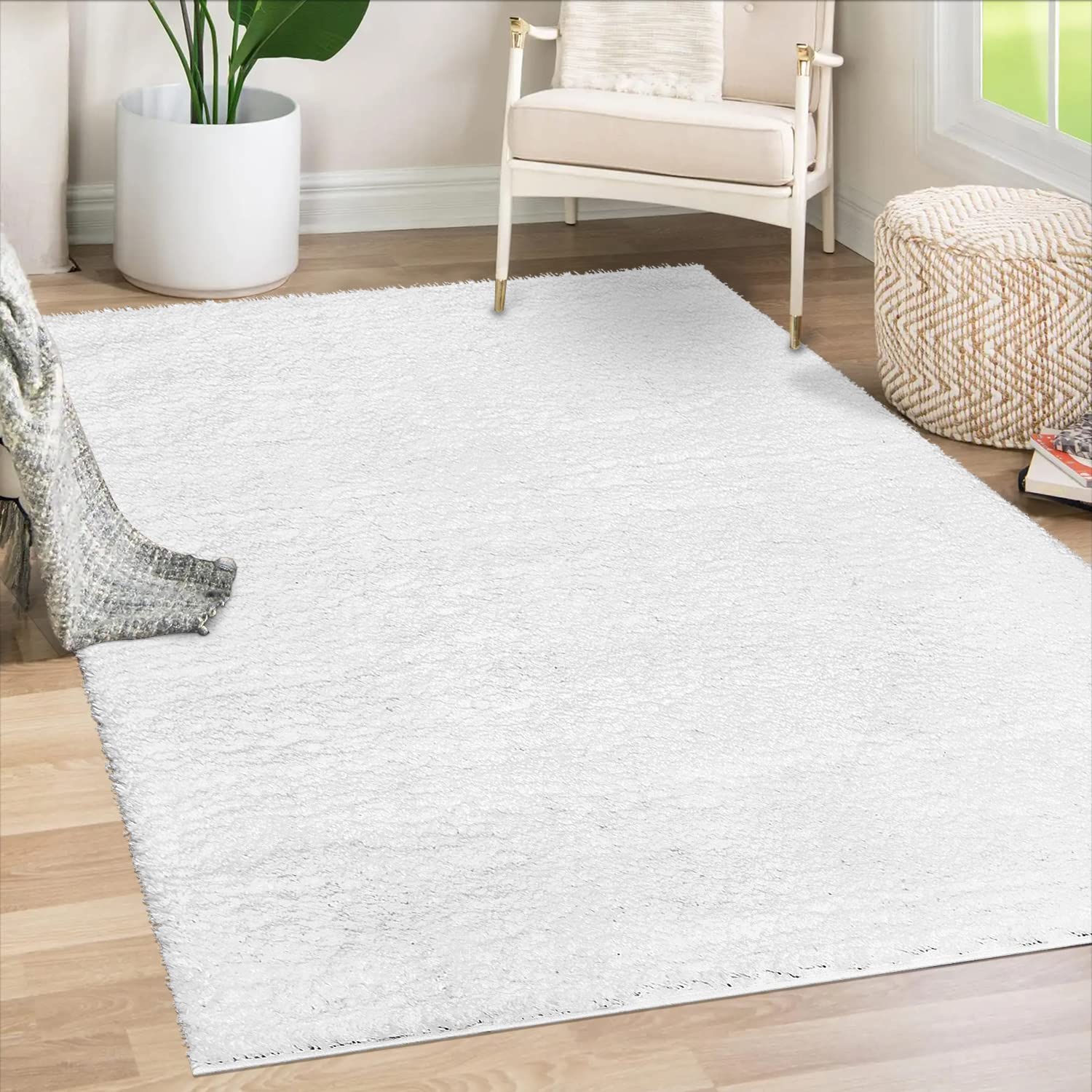 payé Teppich Läufer Hochflor Shaggy - 100x200cm Läufer - Weiß Einfarbig Wohnzimmer Uni Flauschig Modern Boho Deko Teppiche Weich Schlafzimmer