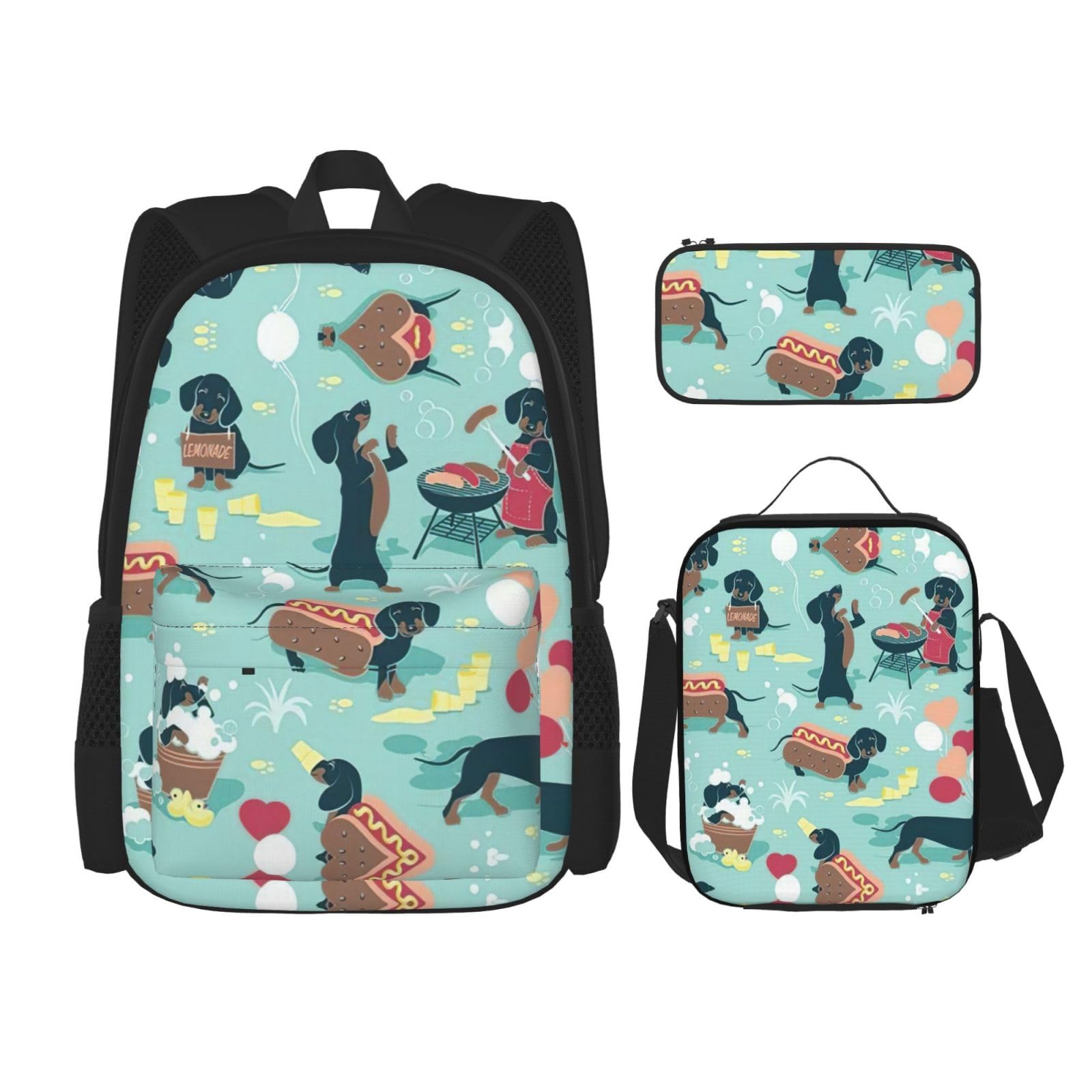 WURTON Rucksack mit Hot Dogs und Limonade-Druck, für Mädchen, Jungen, Schultaschen, Teenager, Lunchbox und Federmäppchen, 3-in-1-Büchertaschen-Set