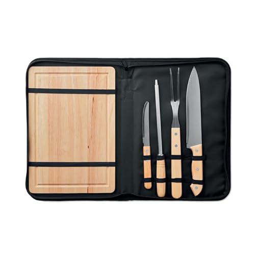 Hochwertiges Edelstahl Grill-BBQ-Set aus 5 Teilen mit Messern, Schneidebrett, Schärfer und Gabel - Schaft und Brett aus Bambus - inklusive Tasche von notrash2003