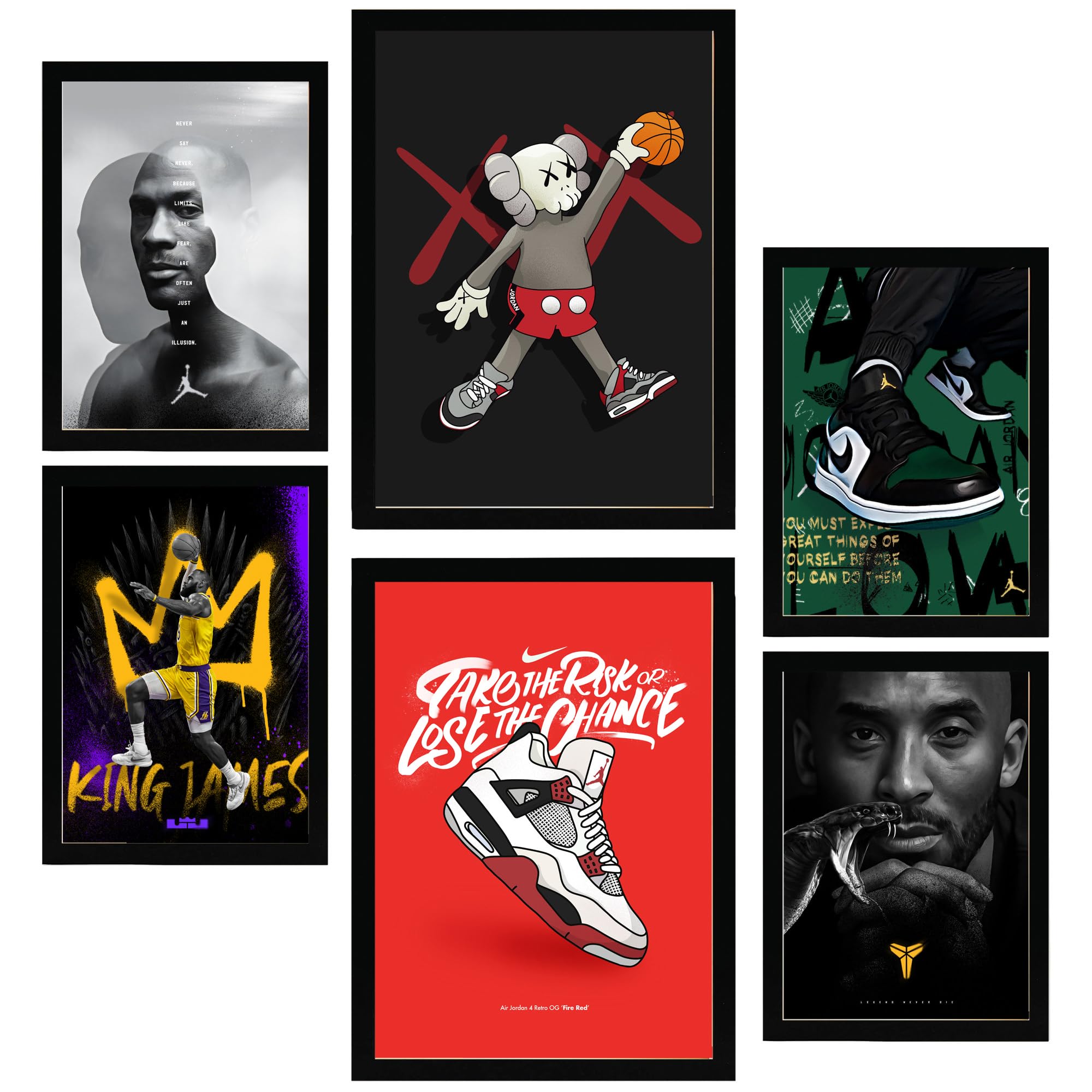 Nacnic 6er-Set Ikonischer Basketball-König James Jordan Nike Gerahmtes Poster mit Design-Illustrationen zur Dekoration der Wände Ihres Zuhause Zimmer Büro Laden Malerei A3 & A4 Schwarzer Rahmen